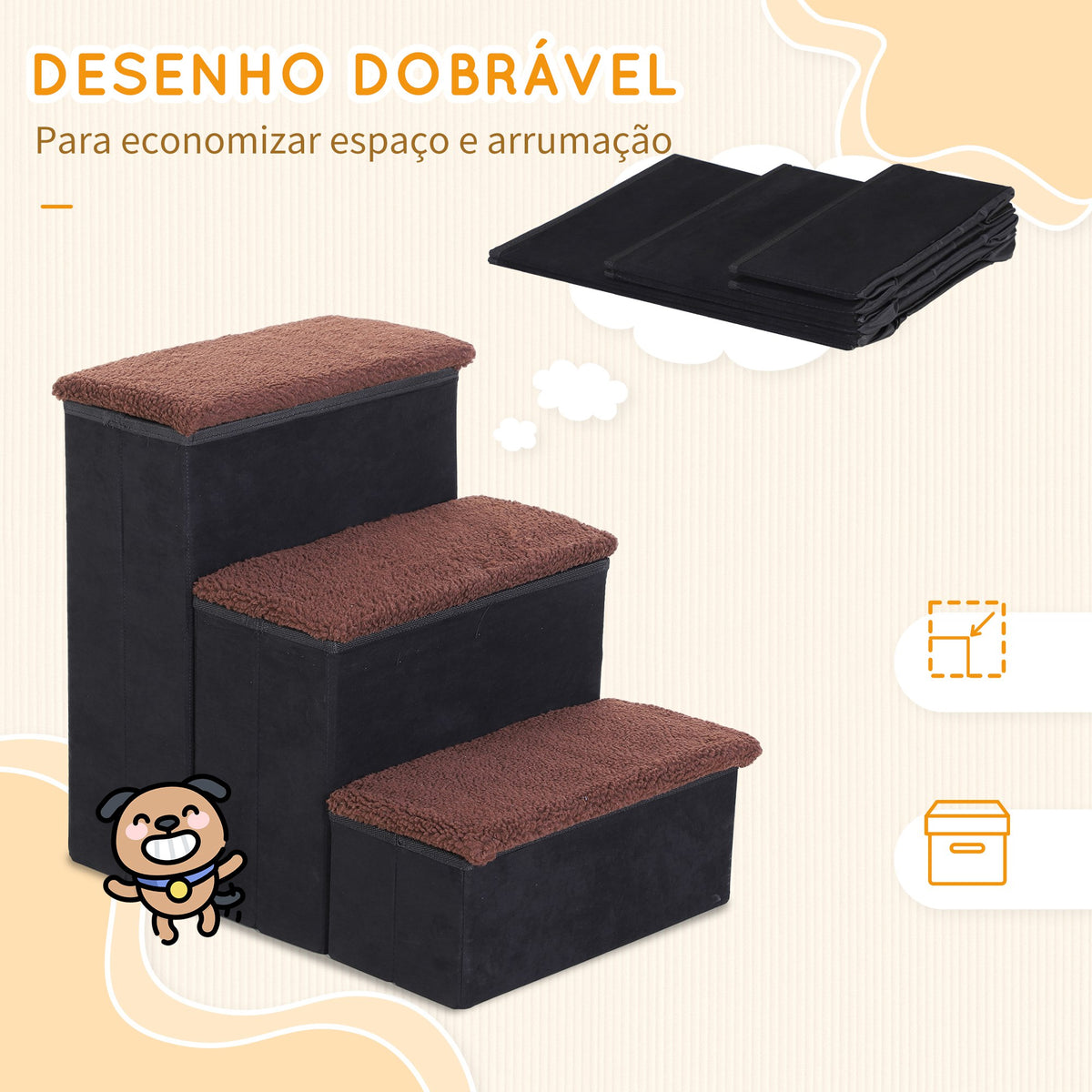 Escada para Animais de Estimação de 3 Degraus Dobrável com Tampa e Espaço de Armazenamento Escada para Cães Gatos Pequenos para Cama Sofá 40x54x48cm Preto — foto 4