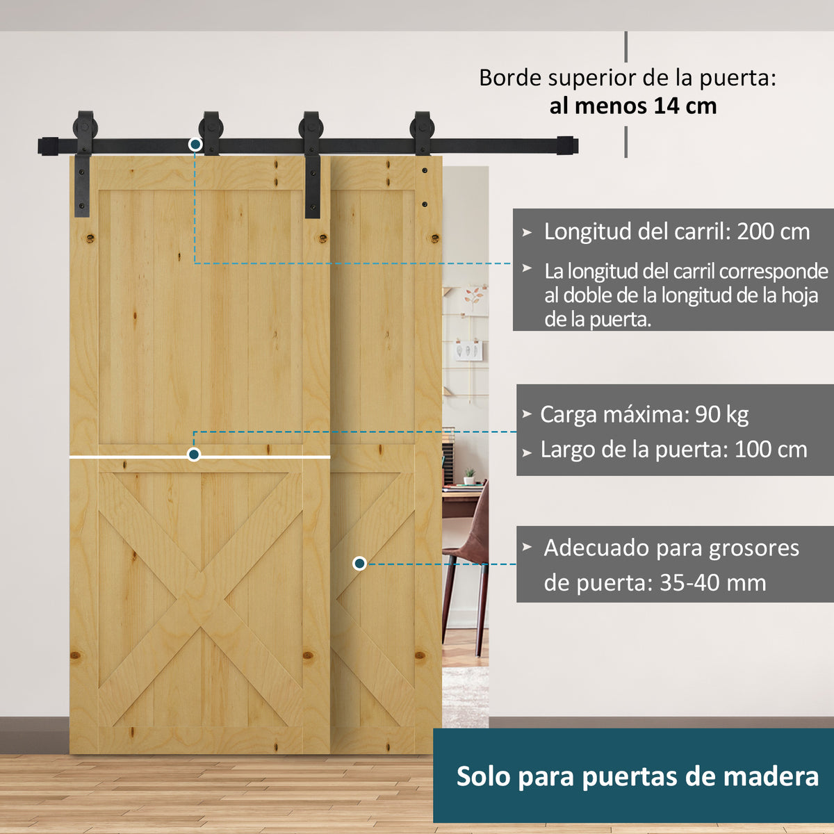 Conjunto de ferragens para porta deslizante dupla Kit de acessórios para porta deslizante com roda industrial Aço carbono Suporta até 90 kg Comprimento 200 cm Preto — foto 4
