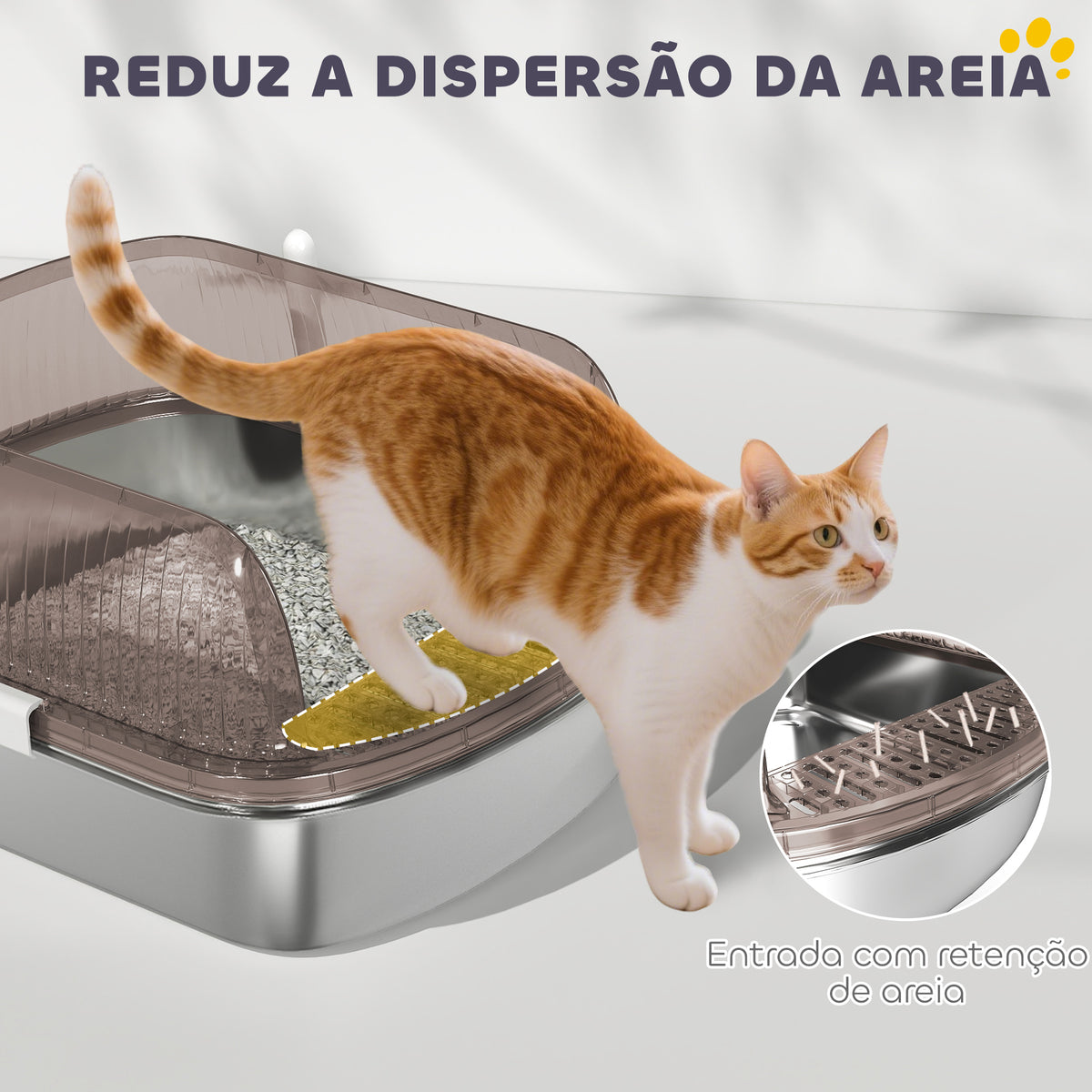 Caixa de Areia para Gatos Coberto Extra Grande Caixa de Areia Fechada com Bandeja em Aço Inoxidável Bordas Altas Pá e Zona para Queda de Areia para Gatos Grandes 53x42x27 cm Cinzento — foto 5