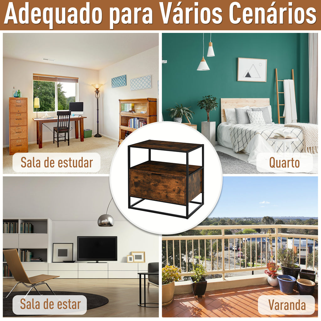 Mesa de console estilo industrial com gaveta grande e prateleira aberta Superfície espaçosa estrutura de metal 73x 45,5x 76cm Rústico Castanho — foto 7
