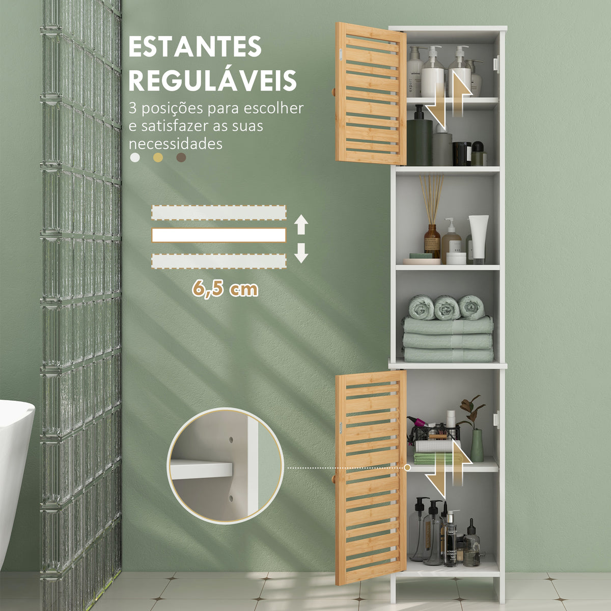 Coluna Casa de Banho Moderna Móvel Auxiliar Casa de Banho Armário Casa de Banho com Prateleiras Ajustáveis e Portas de Bambu Anti-Tombo 35x30x170 cm Branco e Madeira — foto 5