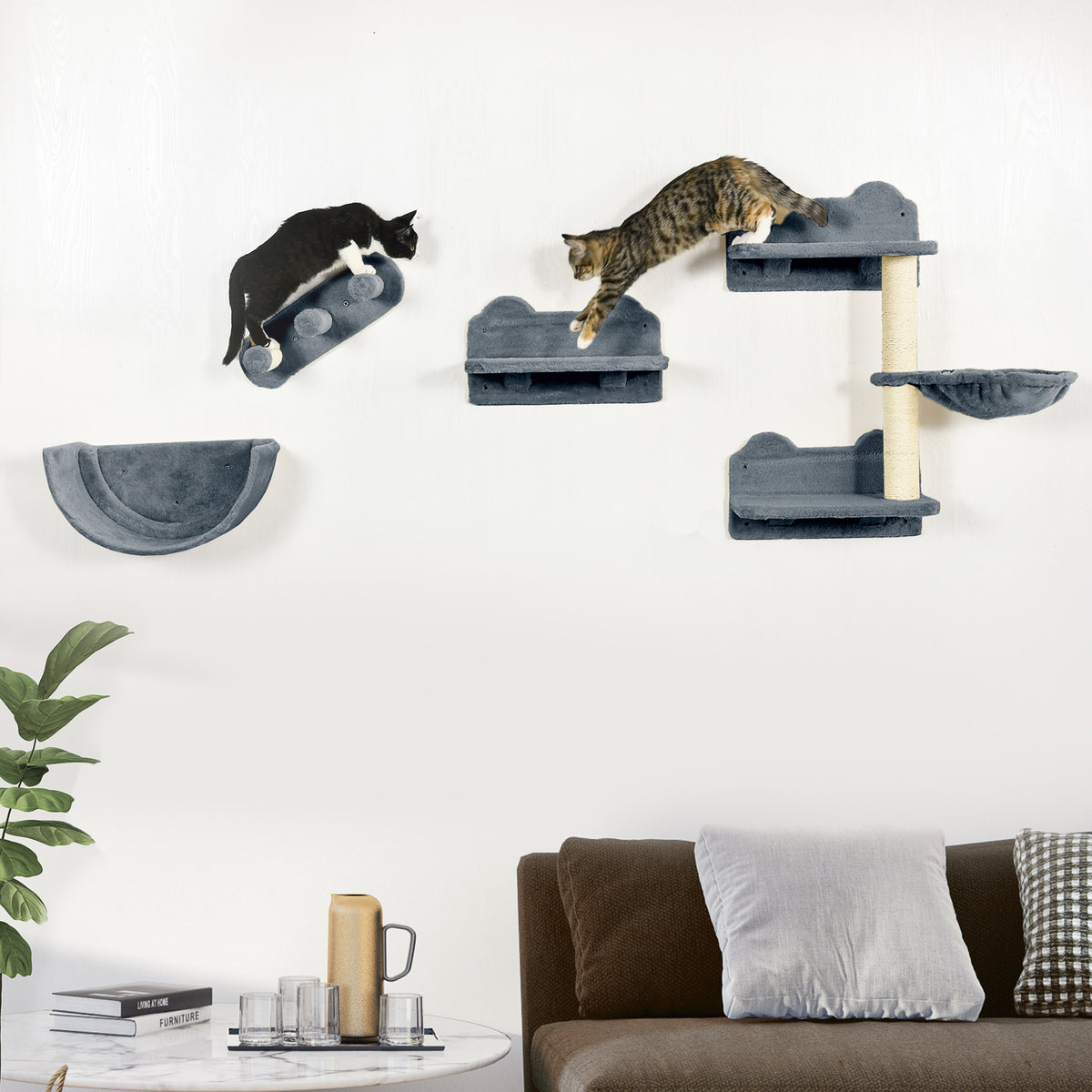Prateleiras de Escalada para Gatos de Parede Conjunto de Prateleiras para Gatos 4 Peças com Rede Plataforma Semicircular Plataformas de Salto e Poste de Sisal Cinza — foto 2