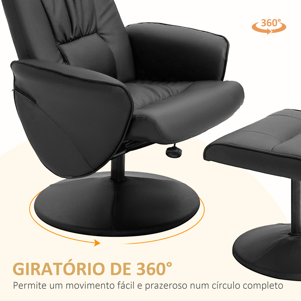 Poltrona Relax com Apoio para os Pés Estofada em PU Poltrona Relax Reclinável até 145° e Giratório 360° com Encosto Ajustável para Sala de Estar Dormitório Escritório 81x81x105cm Preto — foto 5