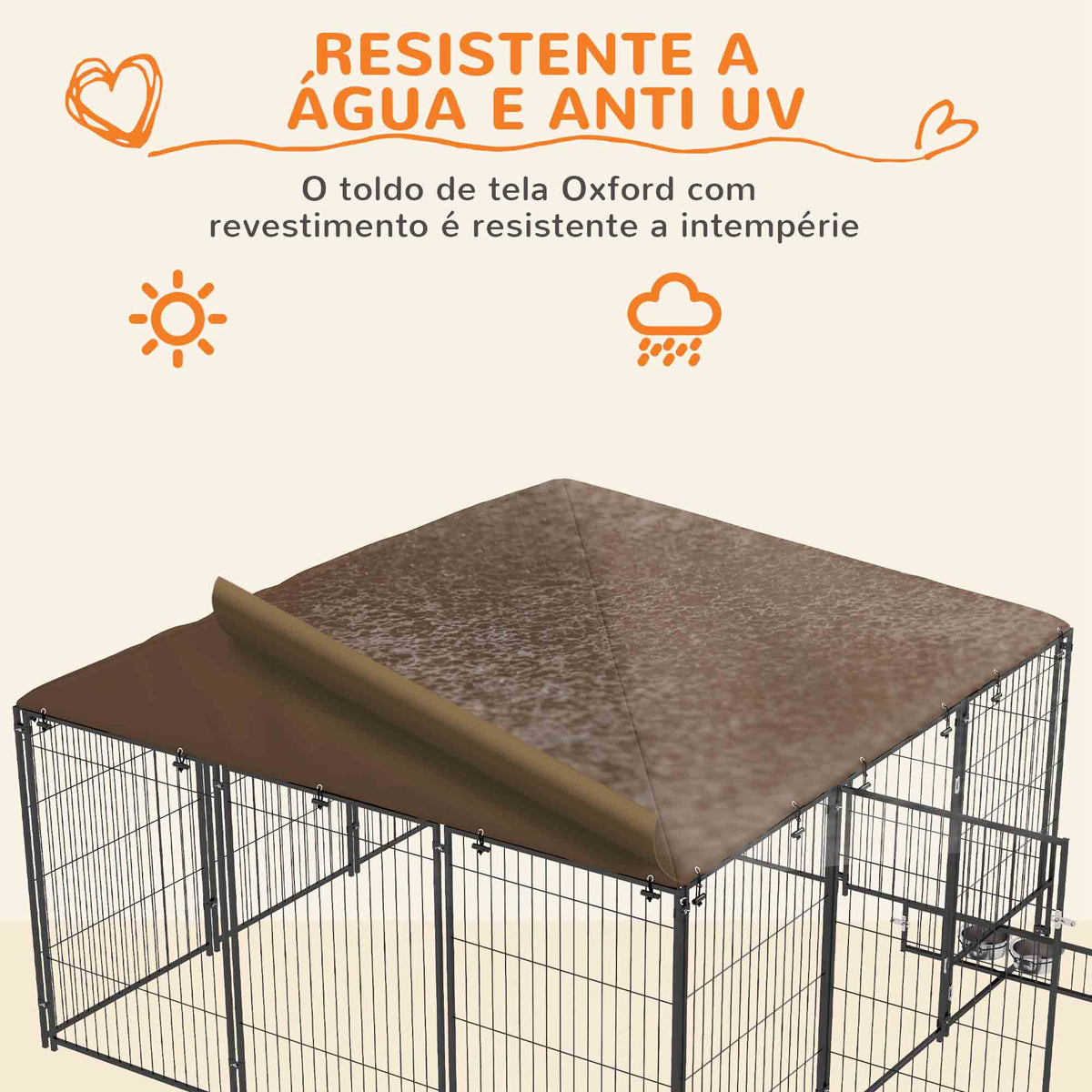 Parque para Cães com Toldo Canil para Exterior com Suporte Giratório para Comida 2 Tigelas Incluídas 211x211x151 cm Preto Marrom — foto 5