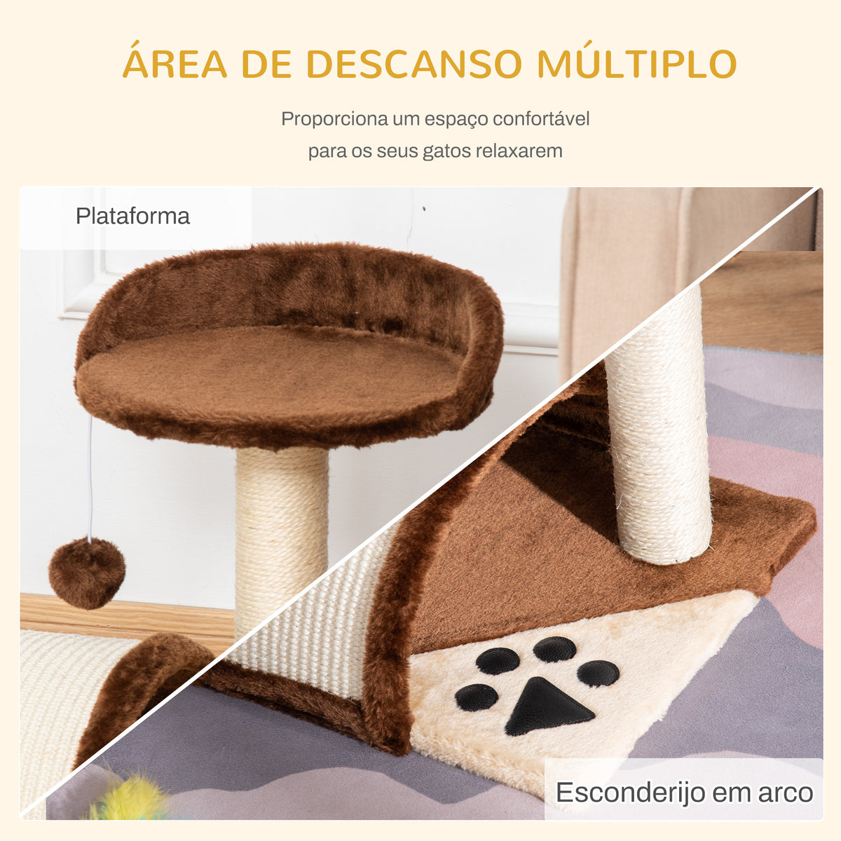 Árvore Arranhador para Gatos Pequena Altura 46 cm de 2 Níveis com Poste e Tapete de Arranhar Cama e Bola Suspensa 35,5x37x46 cm Marrom — foto 6
