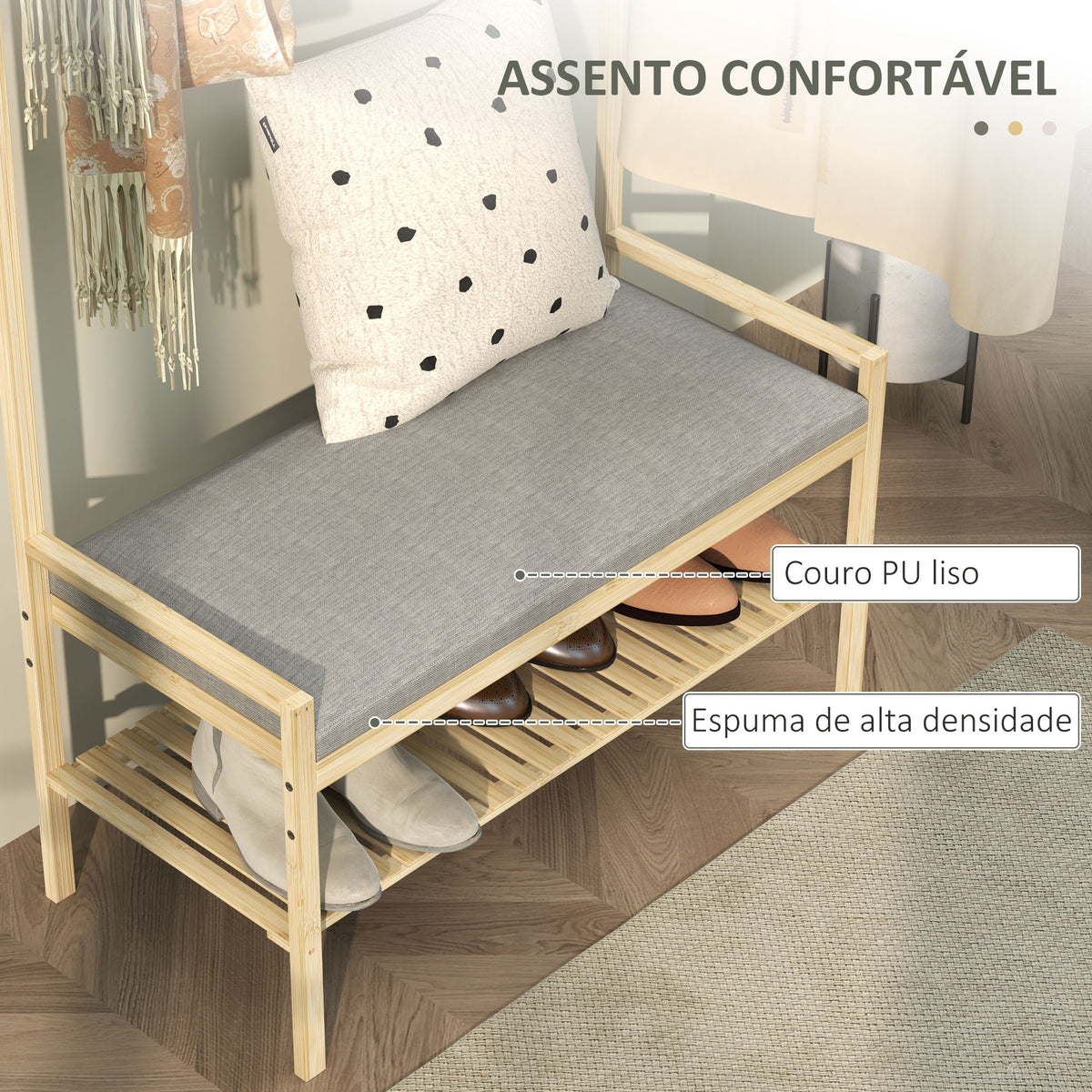 Móvel Cabide de Entrada Móvel de Entrada com Sapateira 10 Ganchos Barra Superior e Compartimento para Corredor Dormitório 73,5x34x171 cm Madeira e Cinza — foto 5