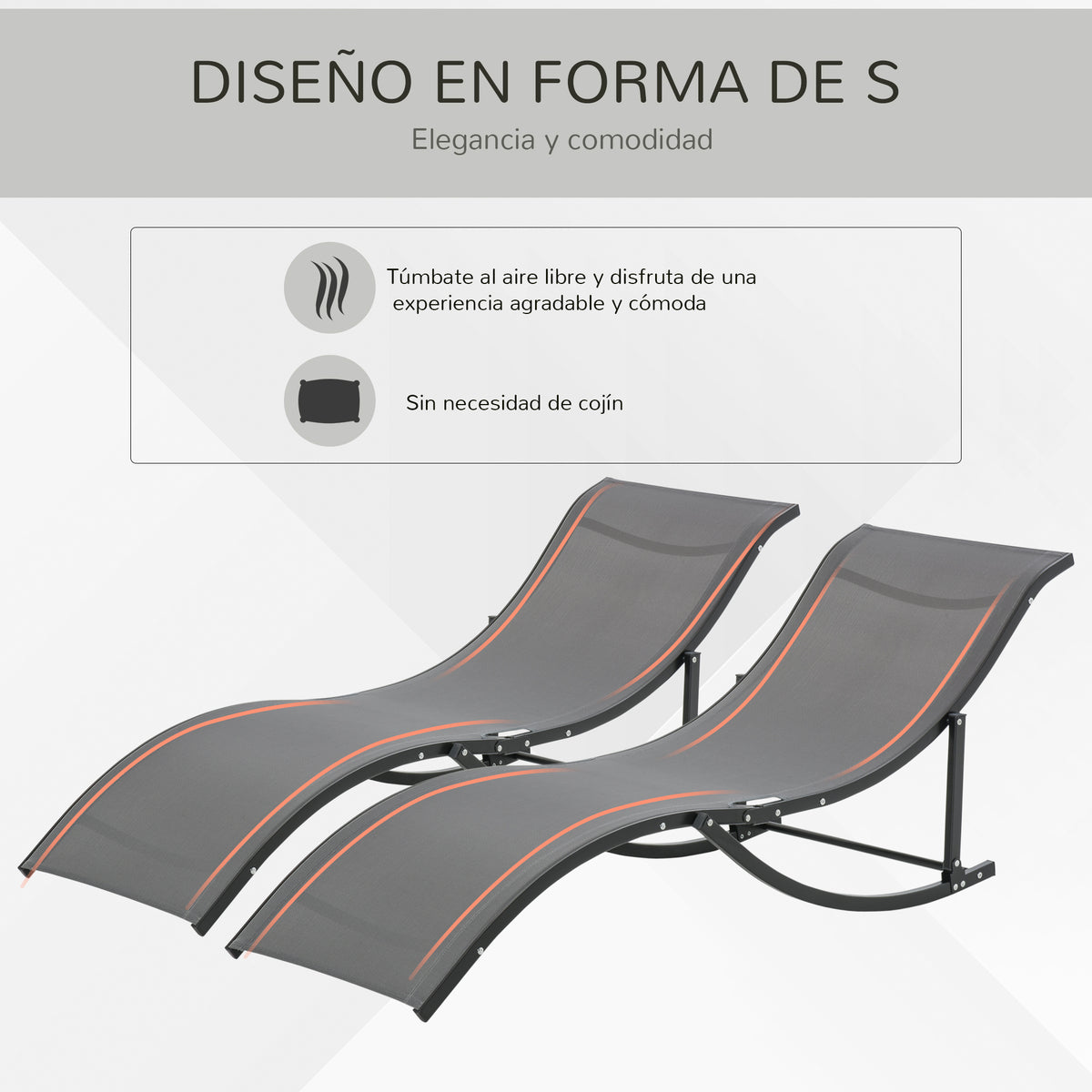 Conjunto 2 Espreguiçadeiras Ergonômicas Dobráveis ​​em Forma de S com Estrutura de Alumínio Textilene para Piscina Pátio Jardim e Varanda 165x61x63cm Cinza — foto 5