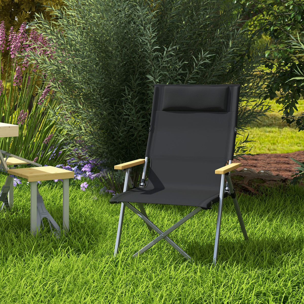Cadeira de Campismo Dobrável de Alumínio com Encosto Ajustável e Apoios de Braço de Madeira Cadeira de Jardim Portátil com Bolsa de Transporte para Exterior Piscina Praia 74x59,5x98 cm Preto — foto 2