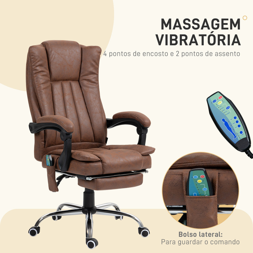 Cadeira de Massagem com 6 Pontos de Massagem Cadeira Giratória de Escritório Reclinável com Altura Ajustável Função de Aquecimento Apoio para os Pés Retrátil e Comando à Distância Marrom — foto 4