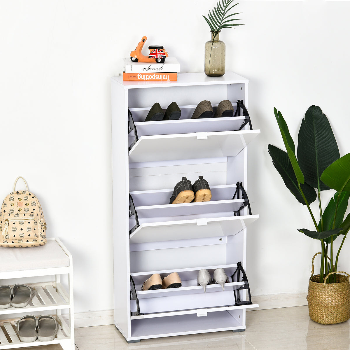Armário de Sapatos Moderno Sapateira para Corredor Entrada com 6 Prateleiras de Armazenamento Espaço de Exibição 60x26x124cm Branco — foto 2