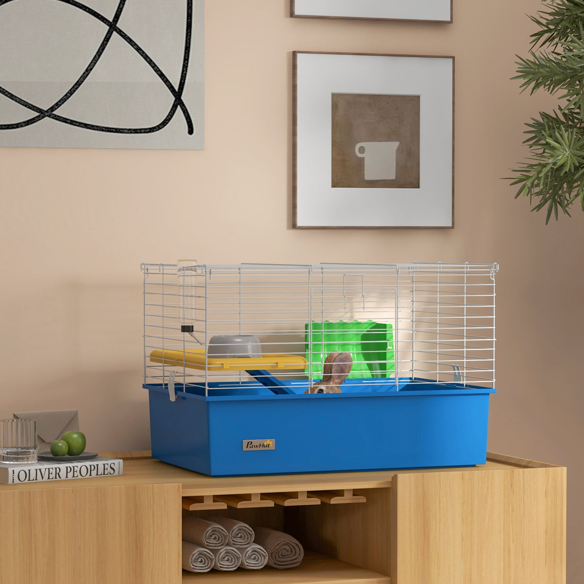 Gaiola para Visons com Bandeja Inferior Gaiola para Animais Pequenos com Plataforma com Rampa Comedouro e Bebedouro Recinto para Coelhos Pequenos Chinchilas Cobaias 71x46x47 cm Branco e Azul — foto 2