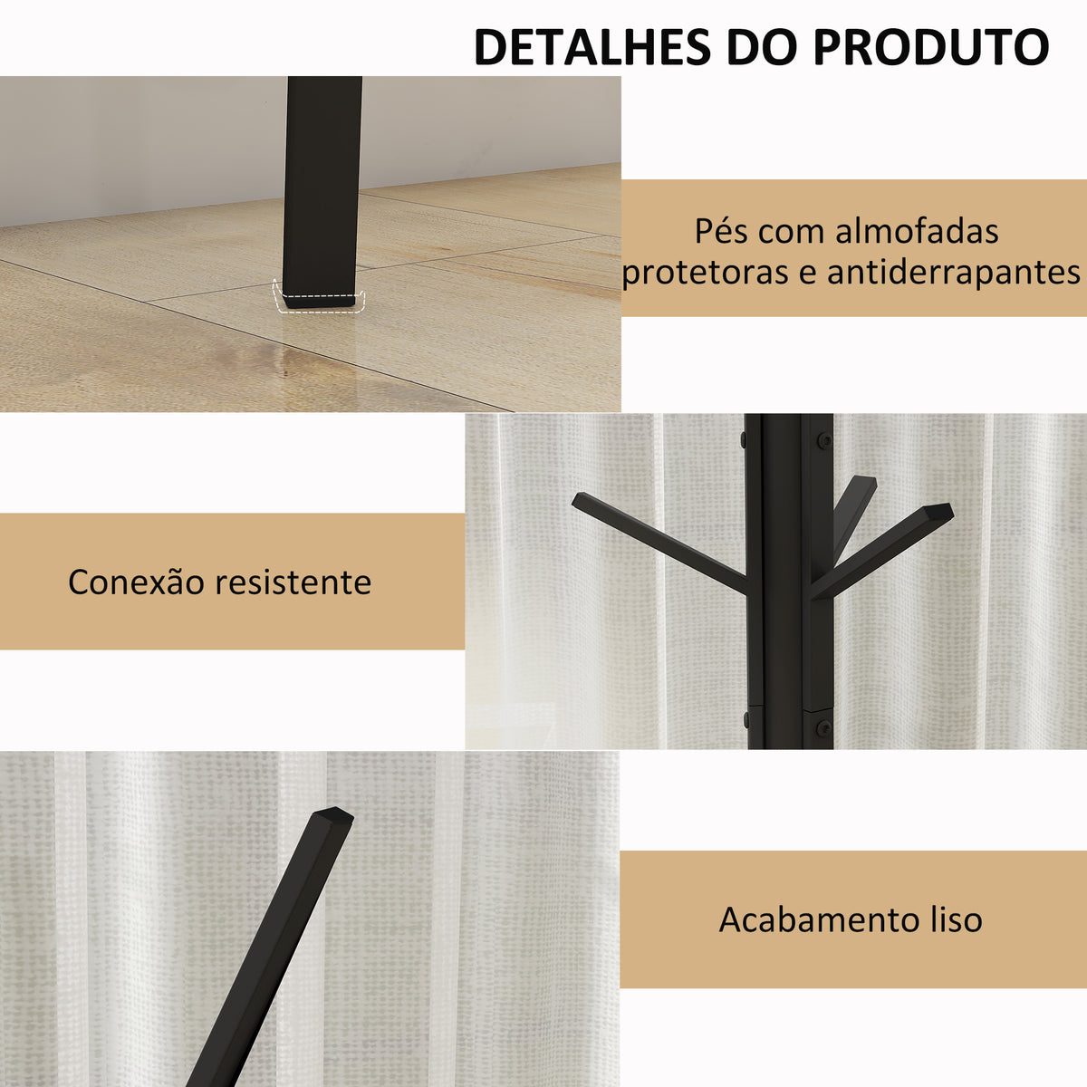 Cabide de Pé Metálico para Pendurar Roupa Bolsas com 9 Ganchos e Prateleira Cabide de Pé Moderno 45x45x180 cm Preto — foto 5