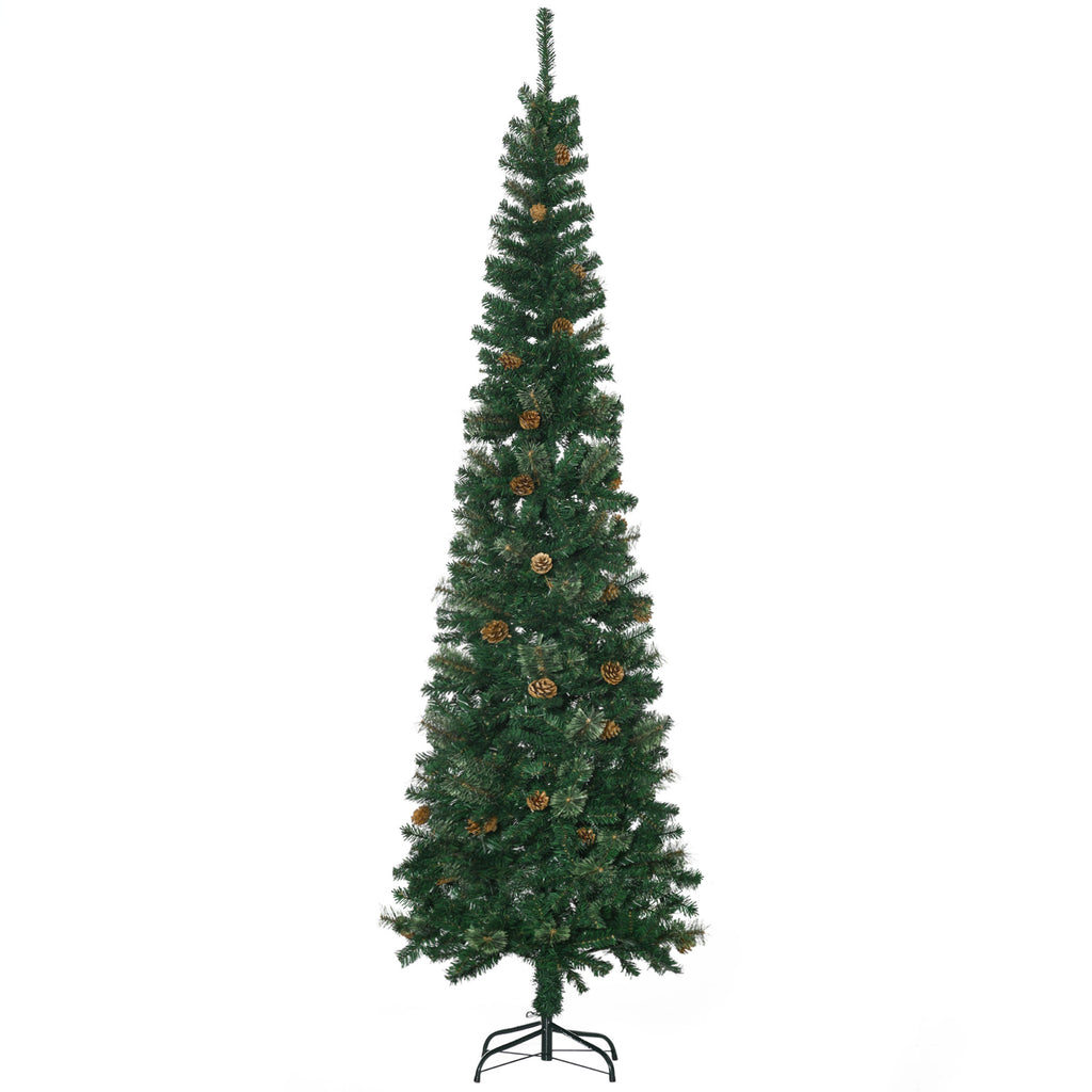 Árvore de Natal Artificial 225 cm Árvore de Natal com 706 Ramos Árvore de Natal Estreita Slim com 56 Pinhas Base Dobrável Ø58x225 cm Verde — foto 1