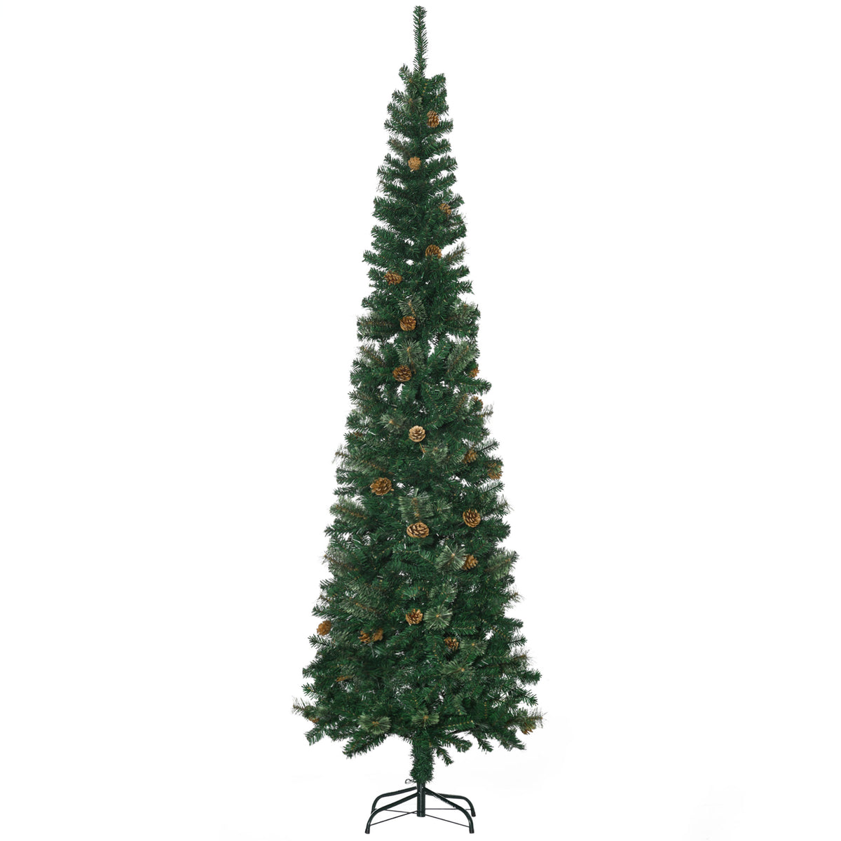 Árvore de Natal Artificial 225 cm Árvore de Natal com 706 Ramos Árvore de Natal Estreita Slim com 56 Pinhas Base Dobrável Ø58x225 cm Verde — foto 1