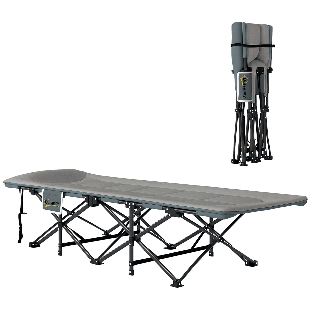 Cama Dobrável de Campismo Cama Portátil para Acampamento Praia com Apoio de Cabeça e Bolso Lateral Suporta até 150 kg 187x67x37 cm Cinzento — foto 1