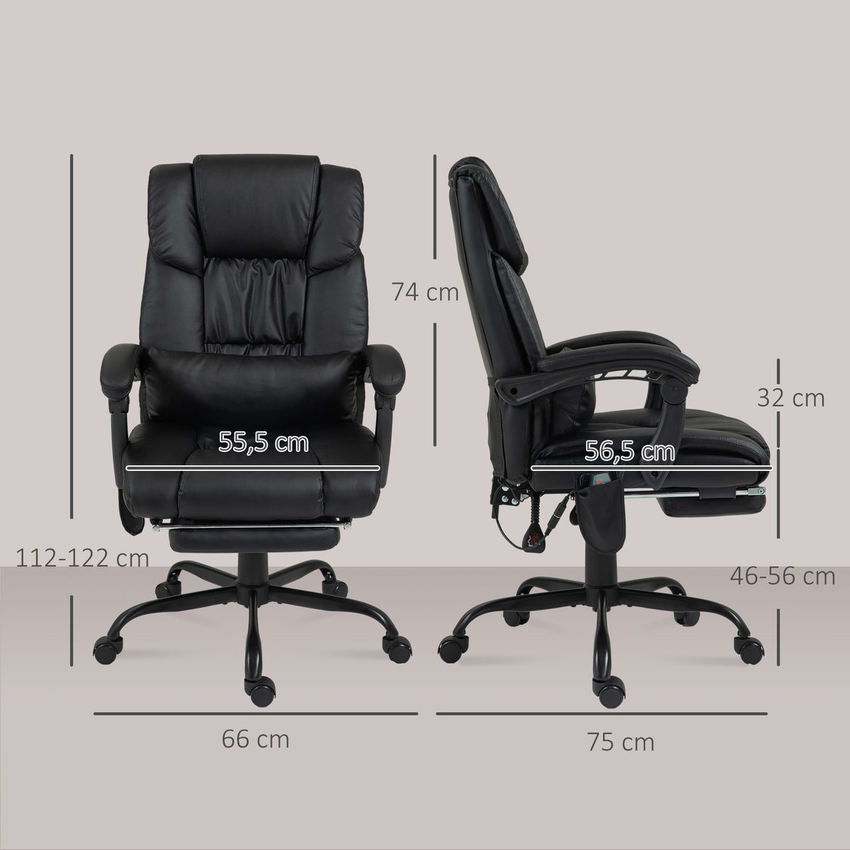 Cadeira de Escritório com Massagem de 6 Pontos Cadeira Giratória com Encosto Alto Reclinável Altura Ajustável Apoio para Pés e Controlo Remoto 66x75x112-122 cm Preto — foto 3