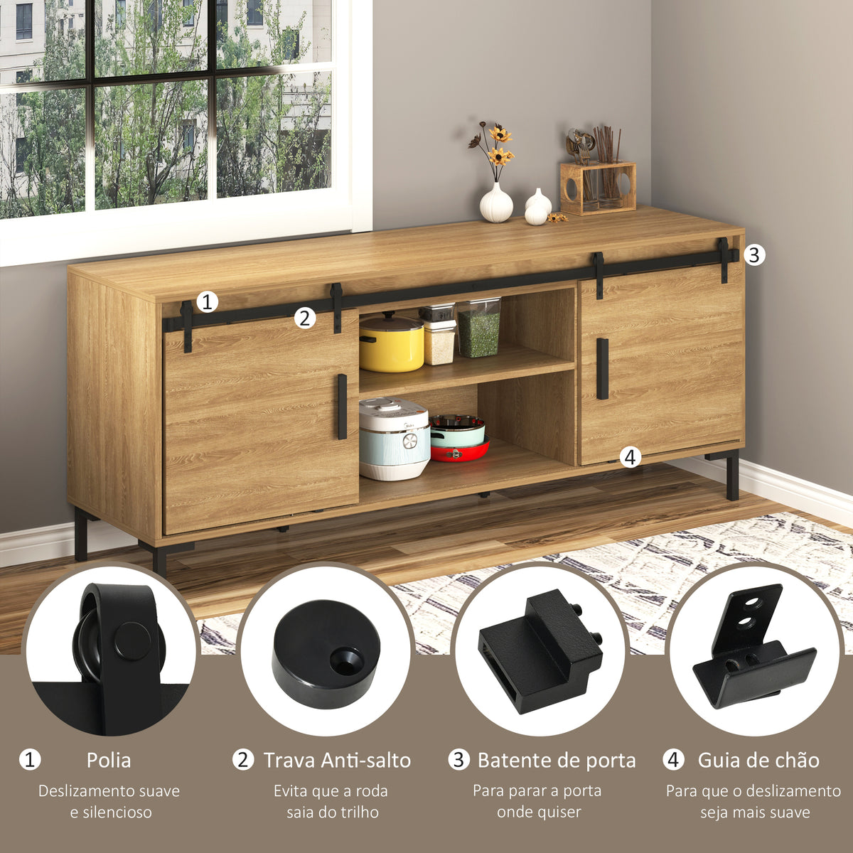 Ferragens para Portas de Correr 183 cm Kit para Porta de Correr Dupla em Madeira Largura 45 cm Aço Carbono Preto — foto 5