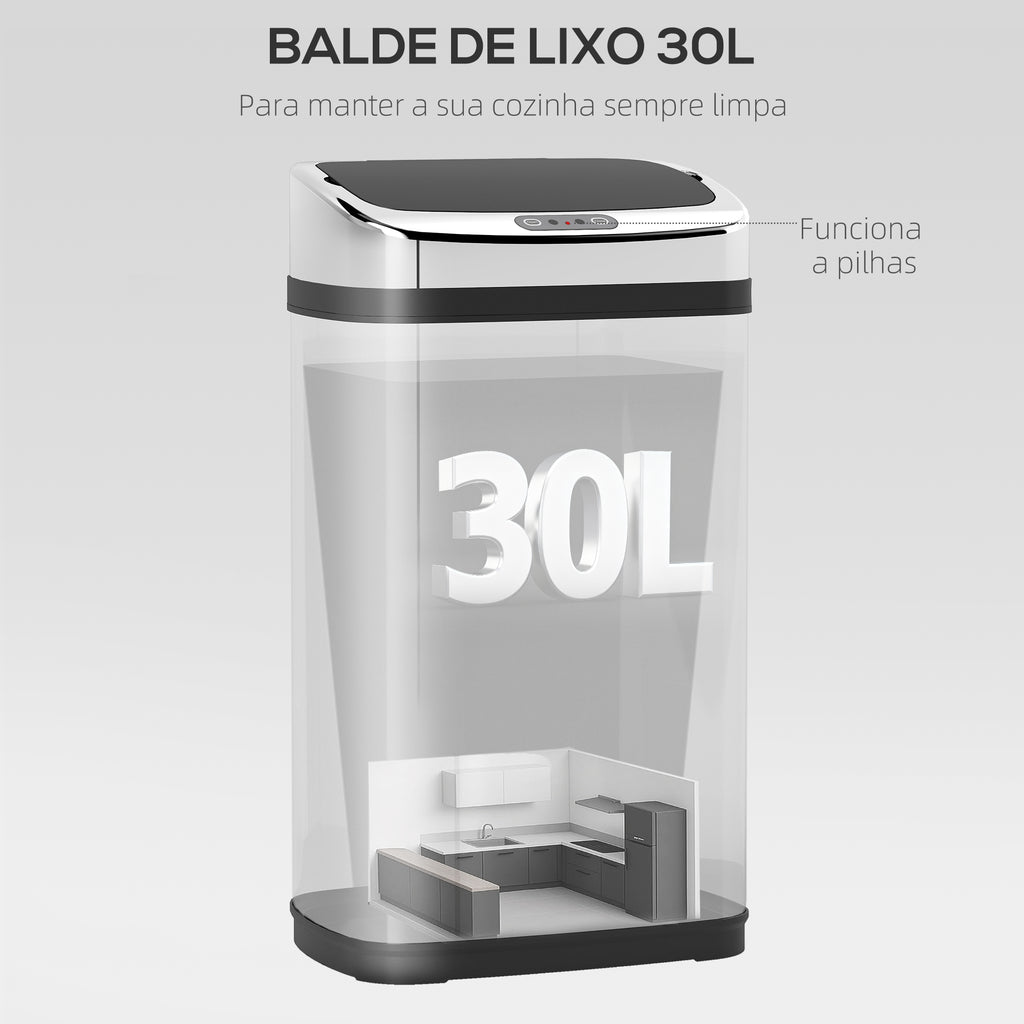Balde de Lixo Inteligente de Aço Inoxidável 30L com Sensor Infravermelho de Abertura Automática para Cozinha Dormitório Casa de Banho 33x25x58 cm Prata e Preto — foto 4
