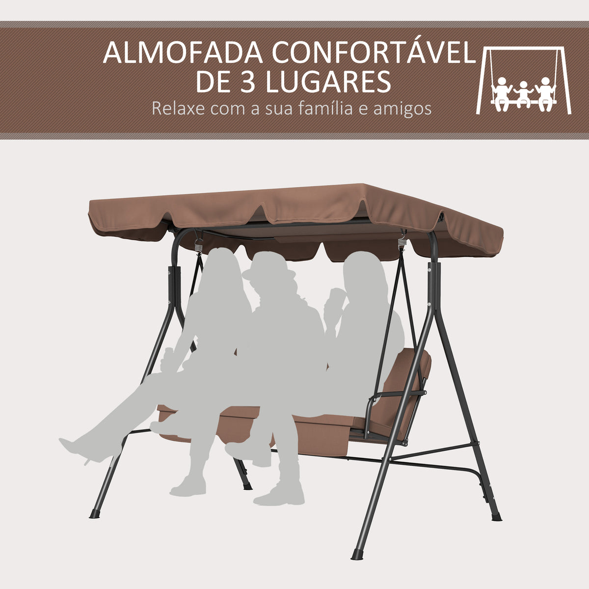 Baloiço de Jardim de 3 Lugares com Almofada Toldo Ajustável e Estrutura de Aço para Balcão Terraço Patio Carga Máx. 200 kg 172x110x153 cm Marróm — foto 6