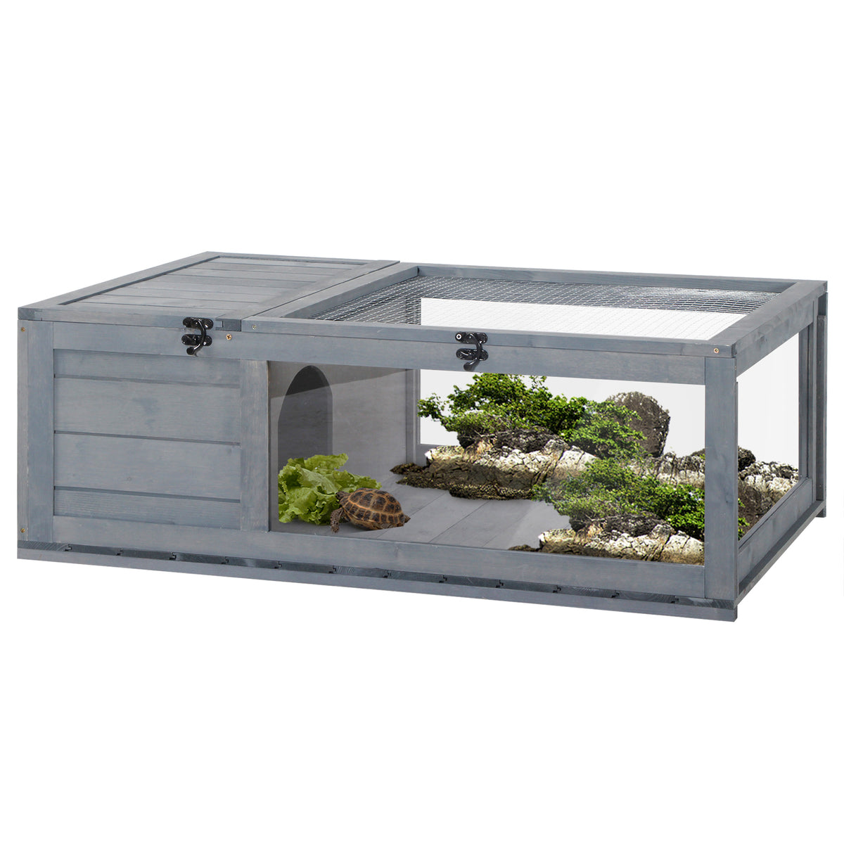 Casa para Tartarugas de Madeira Terrario para Reptéis com Teto de Malha Painéis Laterais Transparentes e Trava de Segurança 91x60,5x32 cm Cinza — foto 1