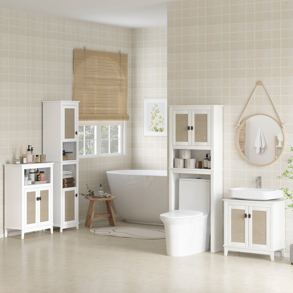 Móvel sobre Sanita Armário sobre Sanita com 2 Portas com Frente em Vime Compartimento e Prateleira Ajustável Móvel Casa de Banho 60x19,5x160 cm Branco — foto 8
