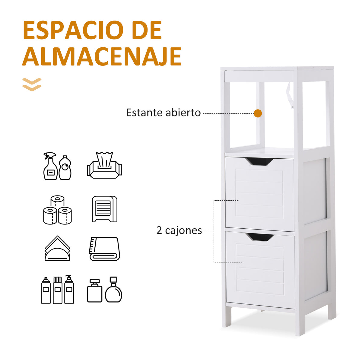 Armário de banheiro Armário multifuncional com prateleira aberta 2 gavetas de armazenamento Design anti-dica 30x30x89 cm Branco — foto 4