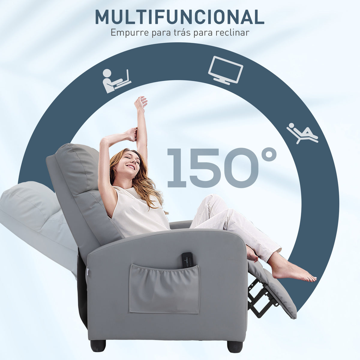 Poltrona de Massagem Poltrona Relax Reclinável com Controlo Remoto 2 Áreas de Massagem 8 Programas 5 Níveis de Intensidade Estofado em PU 68x88x98 cm Cinzento — foto 5