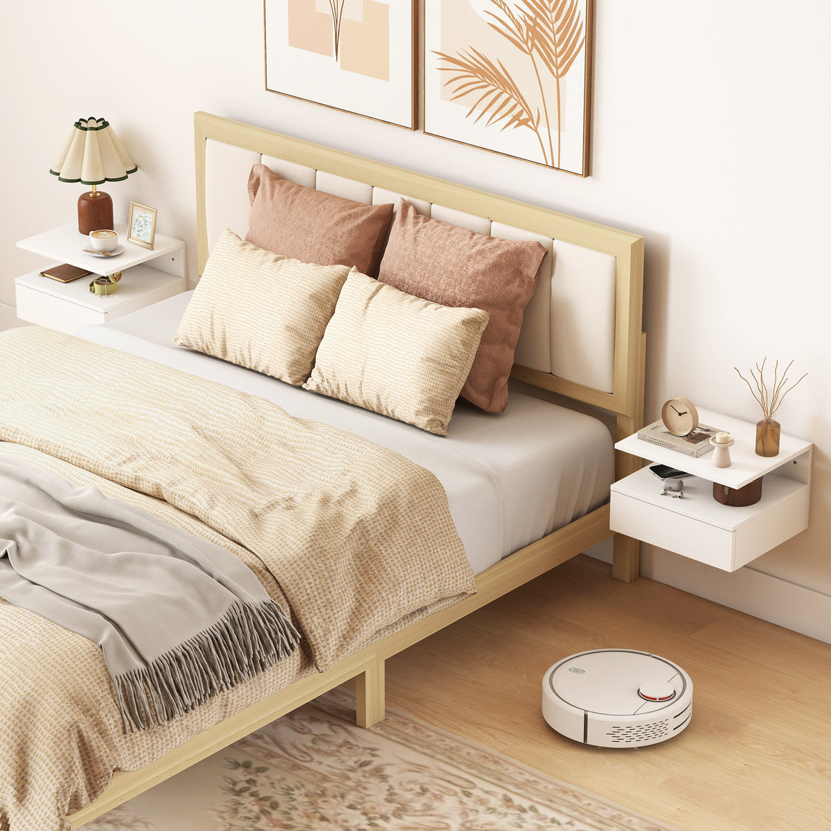 Conjunto de 2 Mesas de Cabeceira Suspensas, Mesas de Cabeceira Modernas com Gaveta e Prateleira Aberta, Poupa Espaço, Design Moderno, para Sala ou Quarto, 35x32x22,5 cm, Branco — foto 2