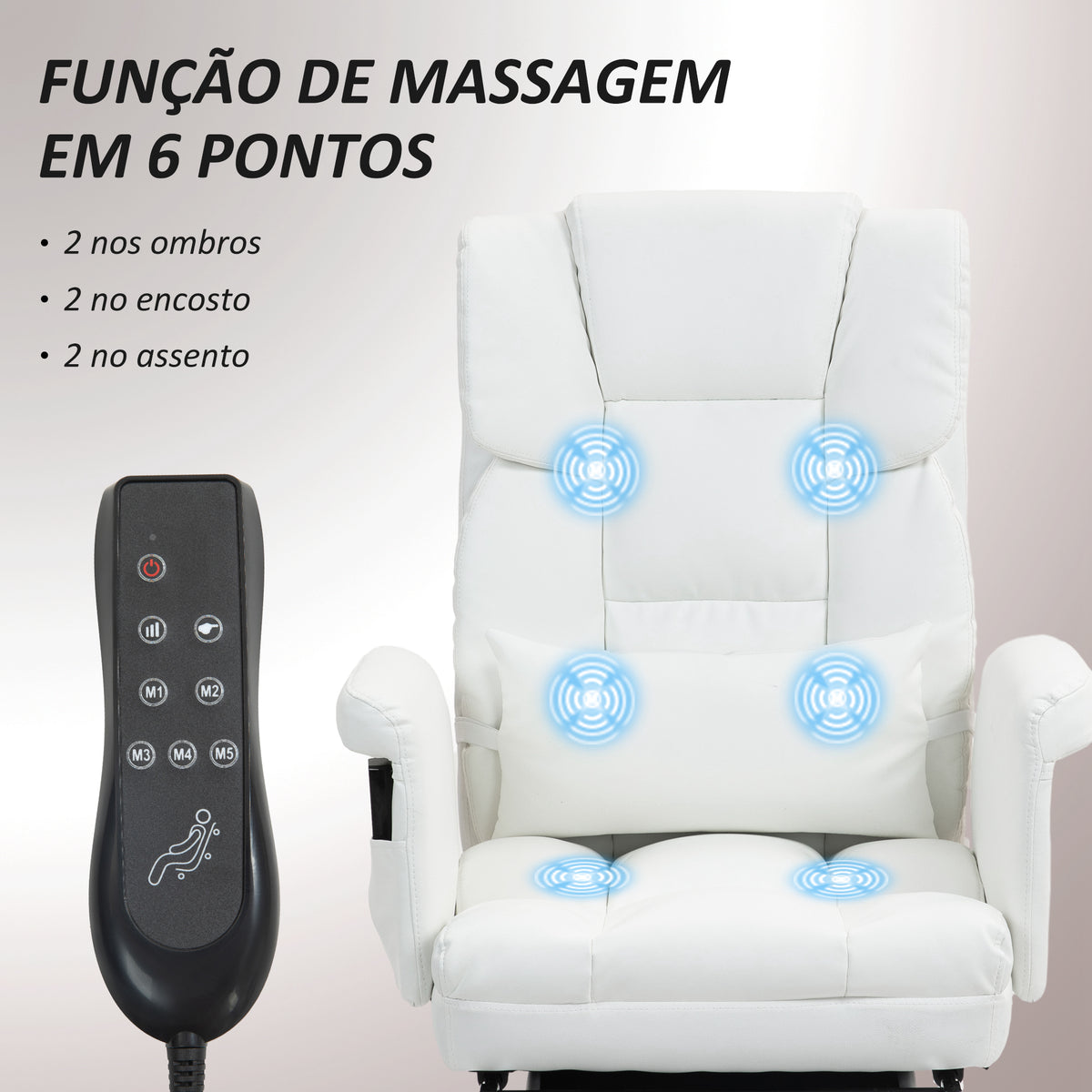 Cadeira de Massagem com 6 Pontos de Massagem Cadeira de Escritório com Apoio para os Pés Retrátil Altura Ajustável Controlo Remoto e Suporte Lombar Estofado em PU 69x65x107-115 cm Branco — foto 4
