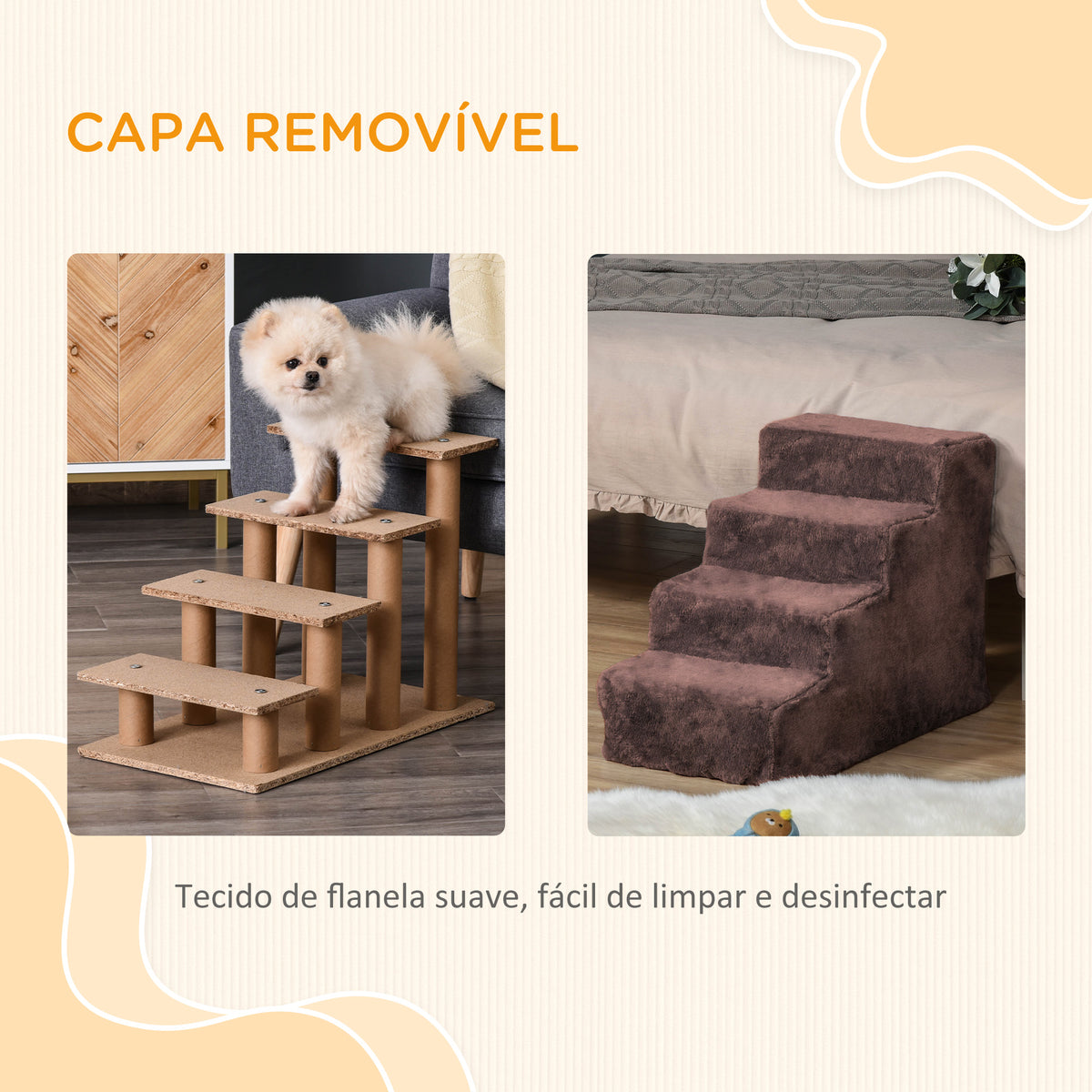 Escada para Animais de Estimação com 4 Degraus 2 em 1 com Capa Removível e Lavável Escada para Cães Gatos Carga 30kg 60x35x44 cm Marrom — foto 5