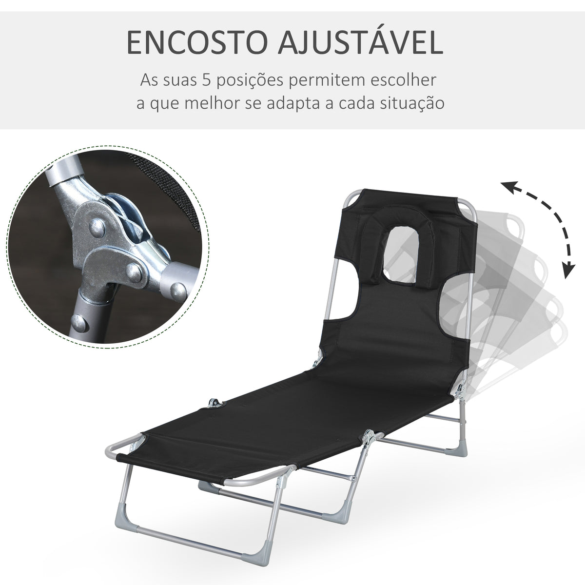 Espreguiçadeira de Jardim Reclinável e Dobrável com Orifício de Leitura Apoio para Cabeça e Encosto Ajustável em 4 Níveis para Praia 182x56x24,5 cm Preto — foto 5