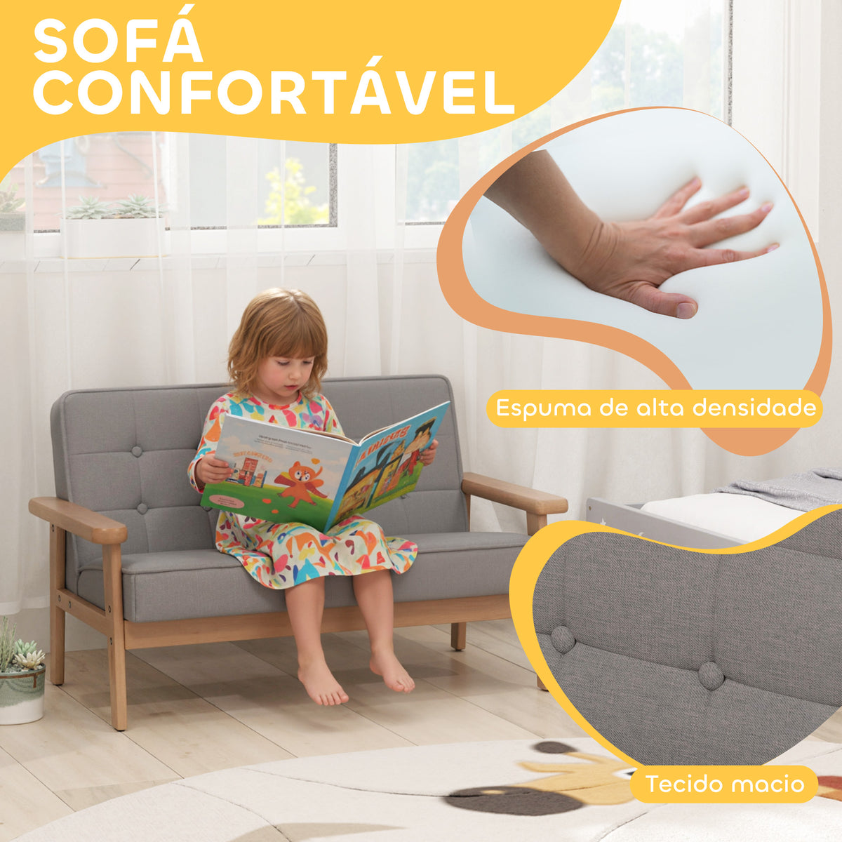 Sofá para Crianças de 2 Lugares Poltrona Infantil de Pelúcia Macia com Estrutura de Madeira Assento e Encosto Acolchoados Apoio de Braços para Crianças a partir de 3 Anos 77x42x48 cm Cinzento — foto 4
