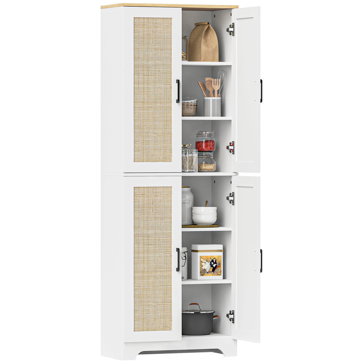 Armário de Cozinha Móvel Auxiliar de Cozinha com Prateleiras Ajustáveis Portas em Vime e Sistema Anti-Tombo 60x30x170 com Branco — foto 1