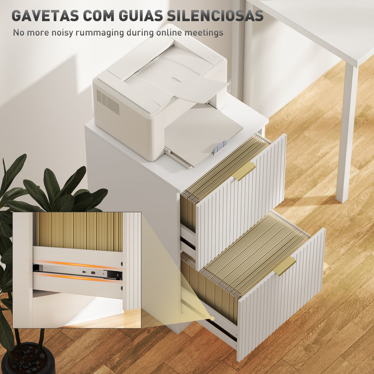 Bloco de Gavetas de Escritório com 2 Gavetas Bloco de Gavetas para Secretária com Frentes Caneladas Móvel para Arquivo para Tamanho A4 ou Carta para Escritório 40x40x71 cm Branco — foto 5