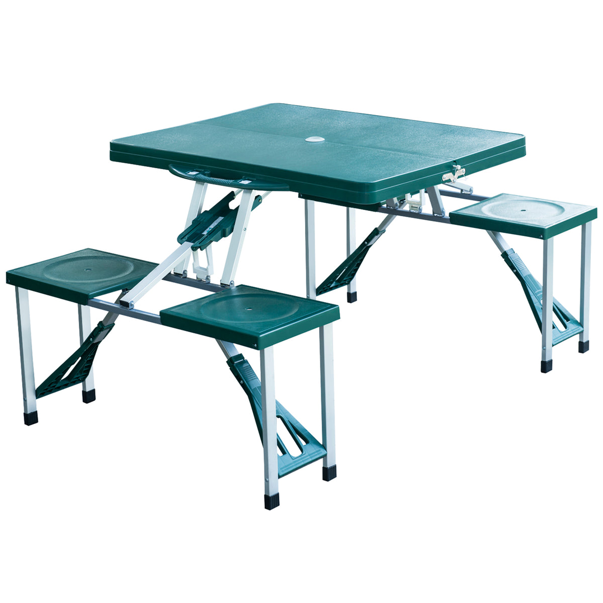 Mesa de Acampamento Dobrável com 4 Cadeiras Conjunto para Acampamento com Orifício para Guarda Sol Estrutura de Alumínio 84,5x64,5x66cm Verde — foto 1