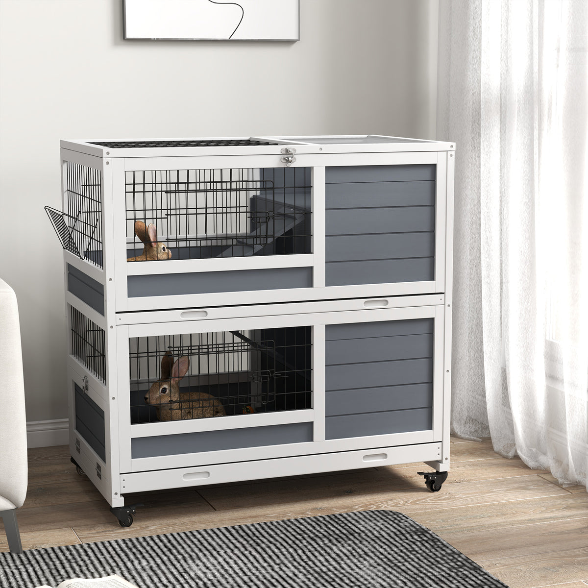 coelheira de Madeira com Rodas 90x53x97 cm Gaiola para Coelhos de 2 Níveis com Tejadilho Rebatível Tabuleiro Amovível Comedouro e Rampa cinzenta e branca — foto 2