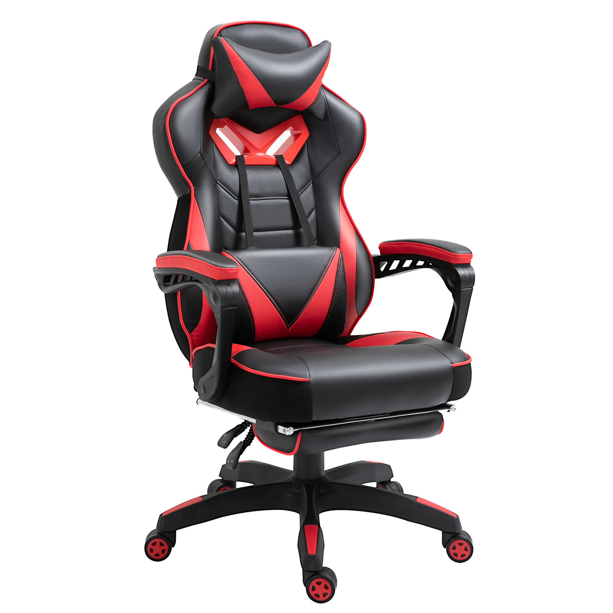 Cadeira de escritorio gaming ergonômica Altura ajustável Reclinável Encosto com apoio para pés Encosto de cabeça Almofada lombar Rodas 65x70x118,5-126,5 cm Vermelho e Preto — foto 1