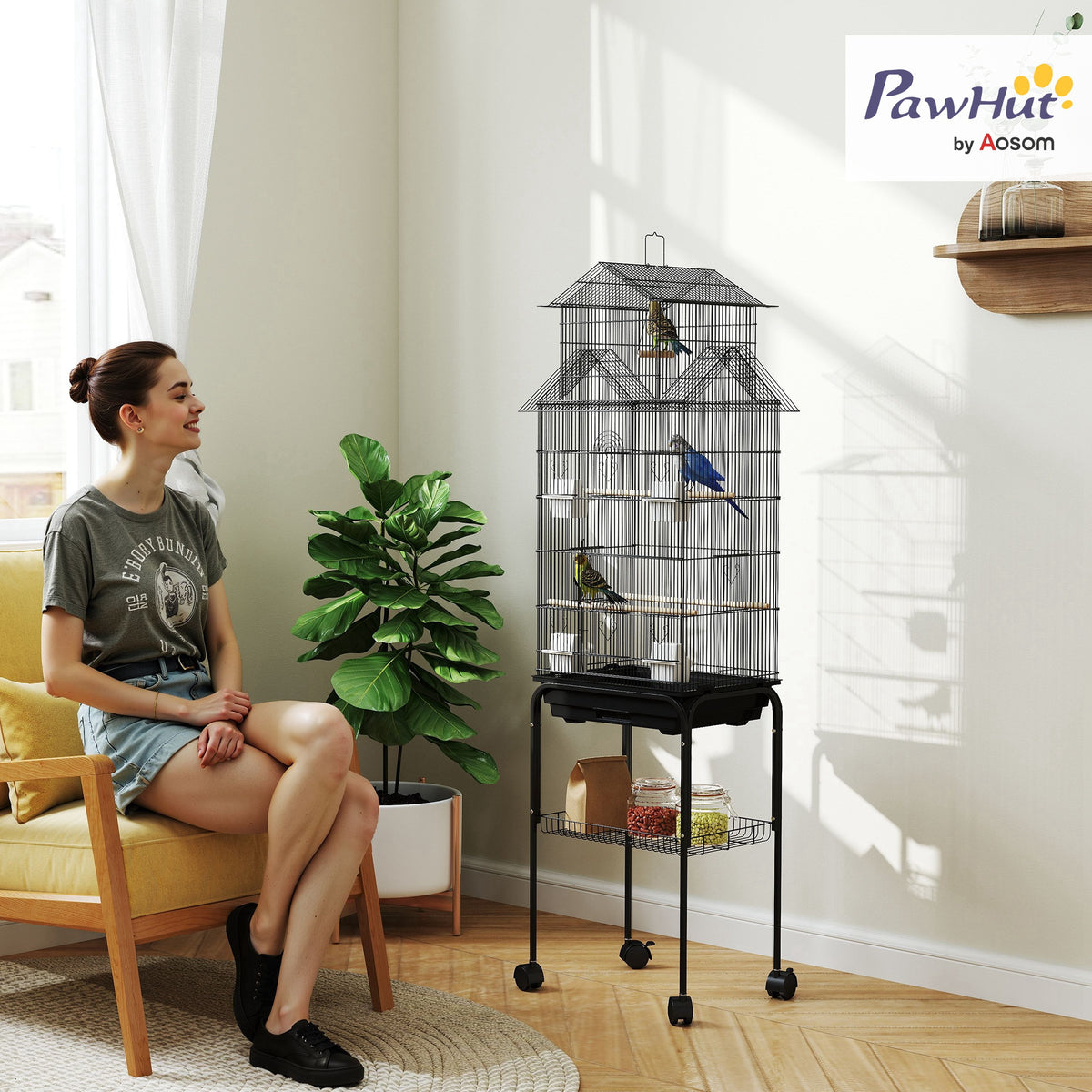 Gaiola de Metal para Pássaros com Bandeja Amovível e Rodas Gaiola para Canários com 4 Comedouros 3 Poleiros e 1 Baloiço para Periquitos 50,5x41x163 cm Preto — foto 2