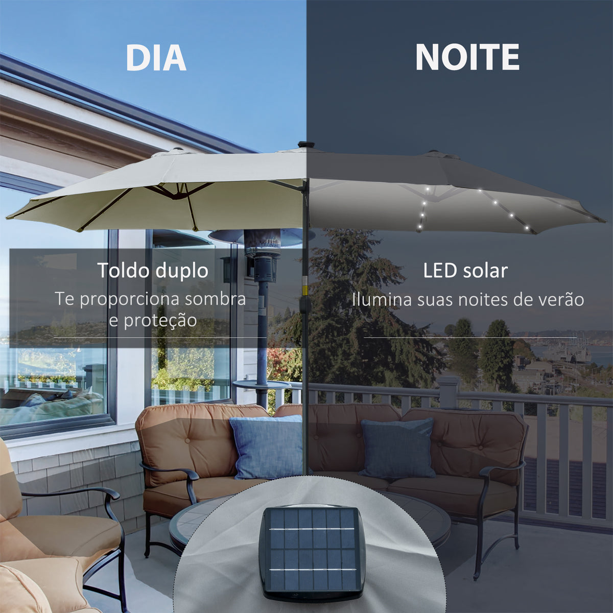 Chapéu de Sol Duplo de Jardim com 48 Luzes LED Solar 450x265x240cm Chapéu de Sol de Exterior com Manivela Proteção Solar para Terraço Balcão Piscina Cinza Claro — foto 4