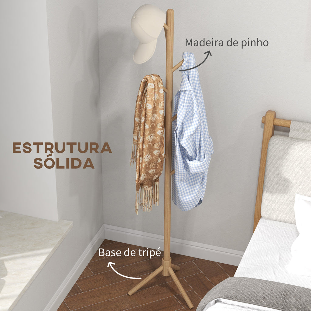 Cabide de Pé de Madeira Cabide de Pé com 8 Ganchos para Pendurar Roupa e Bolsas Cabide em Forma de Árvore para Corredor Entrada Quarto 40x40x165 cm Natural — foto 5