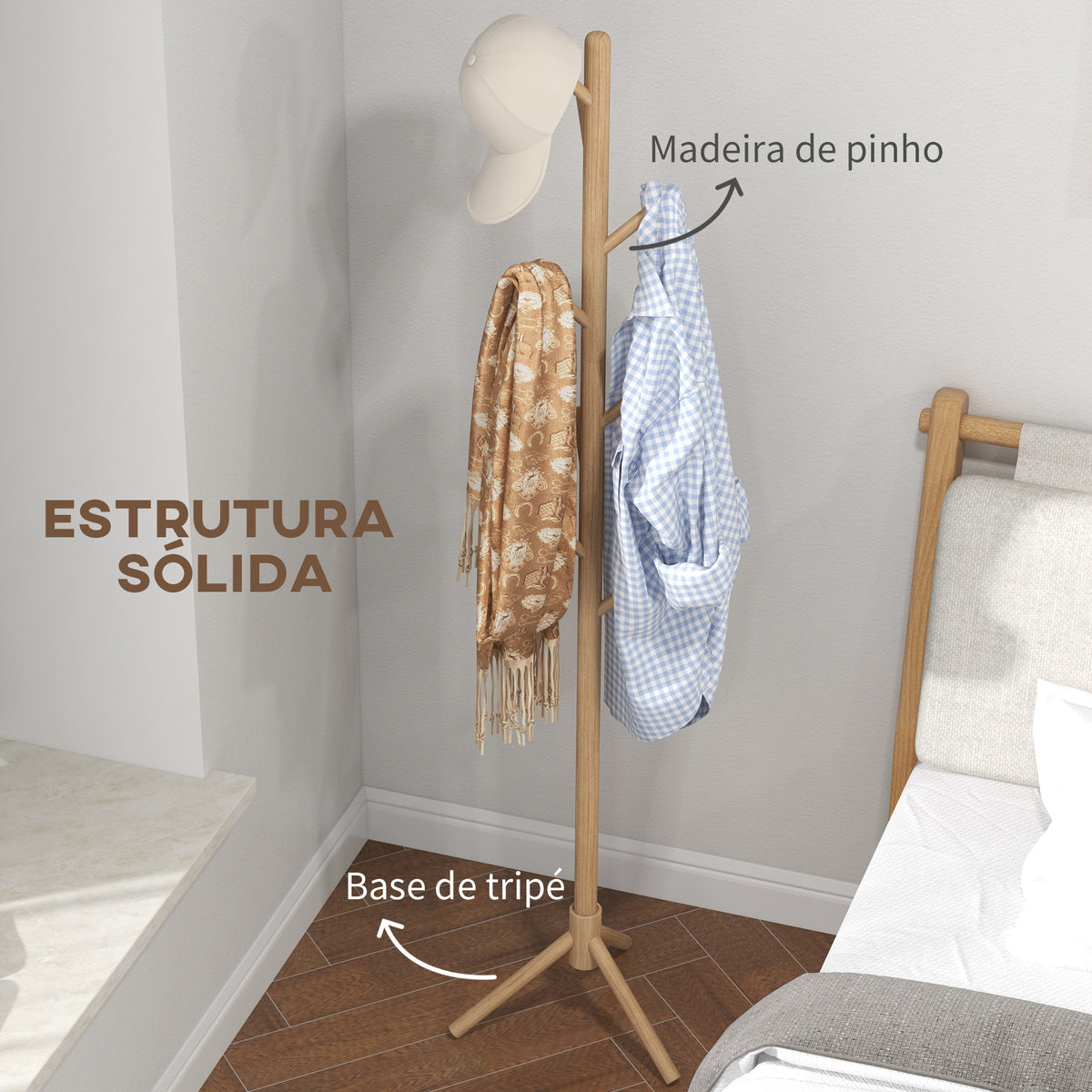Cabide de Pé de Madeira Cabide de Pé com 8 Ganchos para Pendurar Roupa e Bolsas Cabide em Forma de Árvore para Corredor Entrada Quarto 40x40x165 cm Natural — foto 5