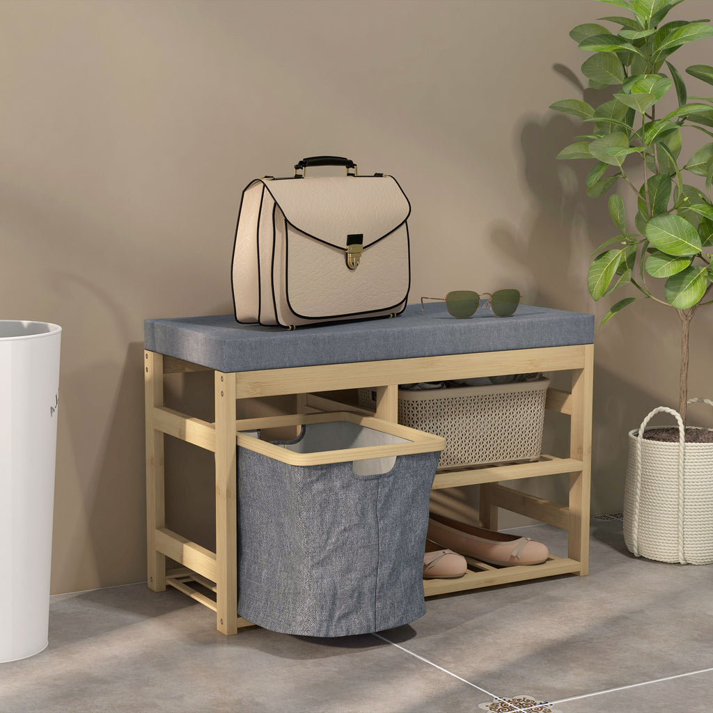 Banco para Sapatos de Bambu Móvel Sapateira com Assento Cesta Amovível e Prateleiras Abertas para 4 Pares de Sapatos Banco Sapateira para Entrada Corredor 69x30x45 cm Madeira — foto 7