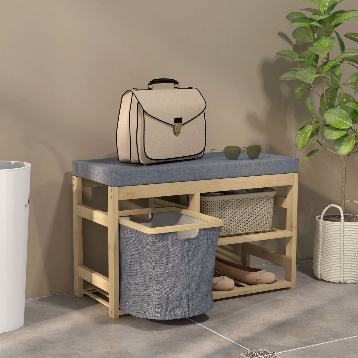Banco para Sapatos de Bambu Móvel Sapateira com Assento Cesta Amovível e Prateleiras Abertas para 4 Pares de Sapatos Banco Sapateira para Entrada Corredor 69x30x45 cm Madeira — foto 7