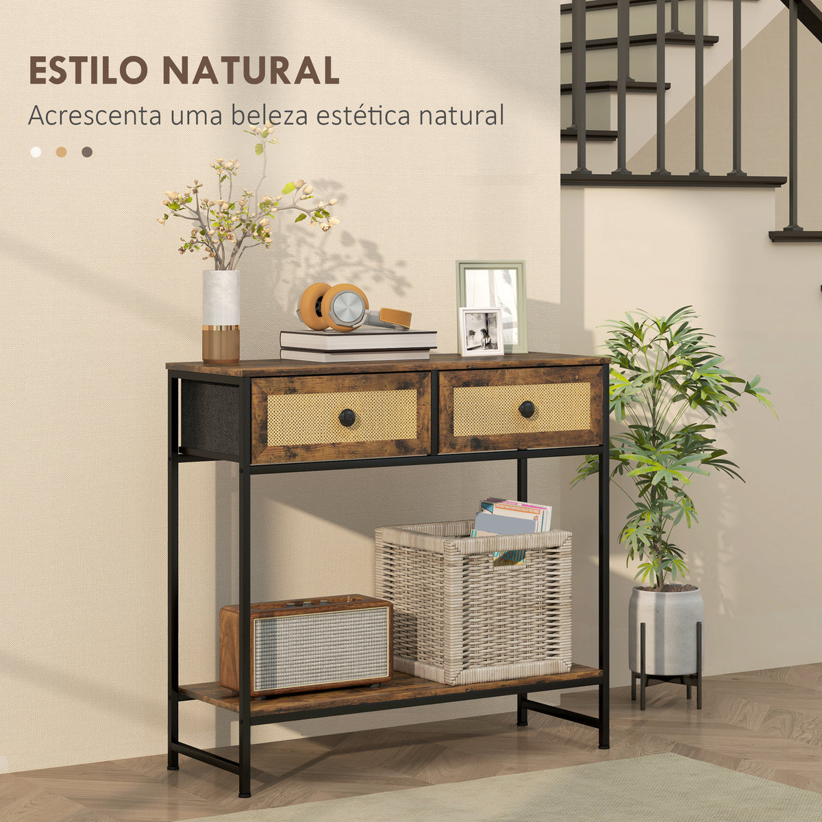 Mesa Consola Móvel de Entrada com Prateleira Aberta 2 Gavetas Frente em Vime Consola de Entrada Corredor 80x30x75 cm Marrom Rústico — foto 4