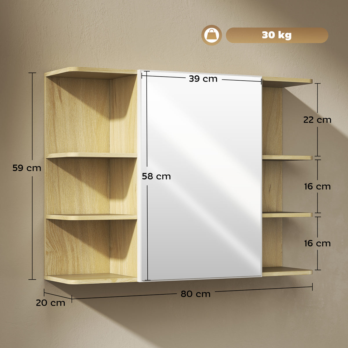 Armário de Casa de Banho com Espelho Armário de Parede Móvel de Casa de Banho para Pendurar com Porta Prateleiras Abertas 80x20x59 cm Madeira — foto 3