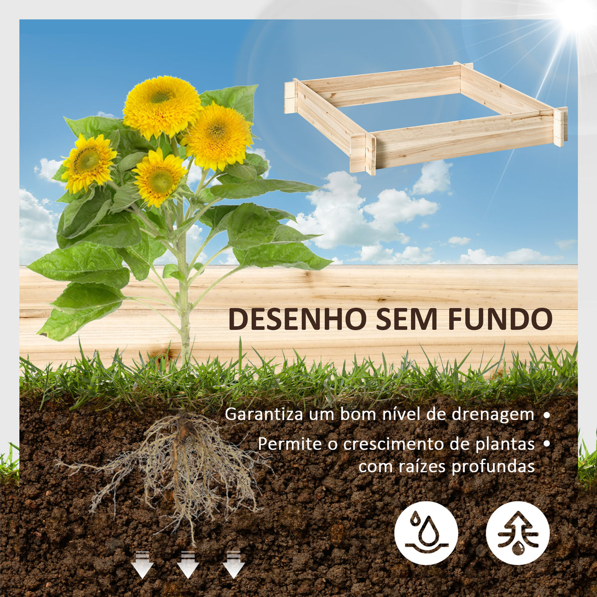 Caixa de Plantio de Madeira Quadrada de Chão Horta Vertical para Cultivos de Plantas Flores Ervas Terraço 100x100x16cm Madeira Natural — foto 4