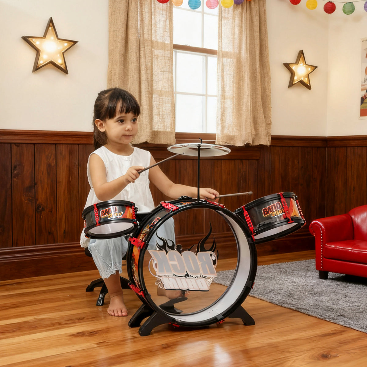 Bateria Infantil com Banco Bateria para Crianças acima de 3 Anos com Tambores Bumbo Prato e Baquetas para Iniciantes 59,5x31,5x59 cm Preto — foto 2