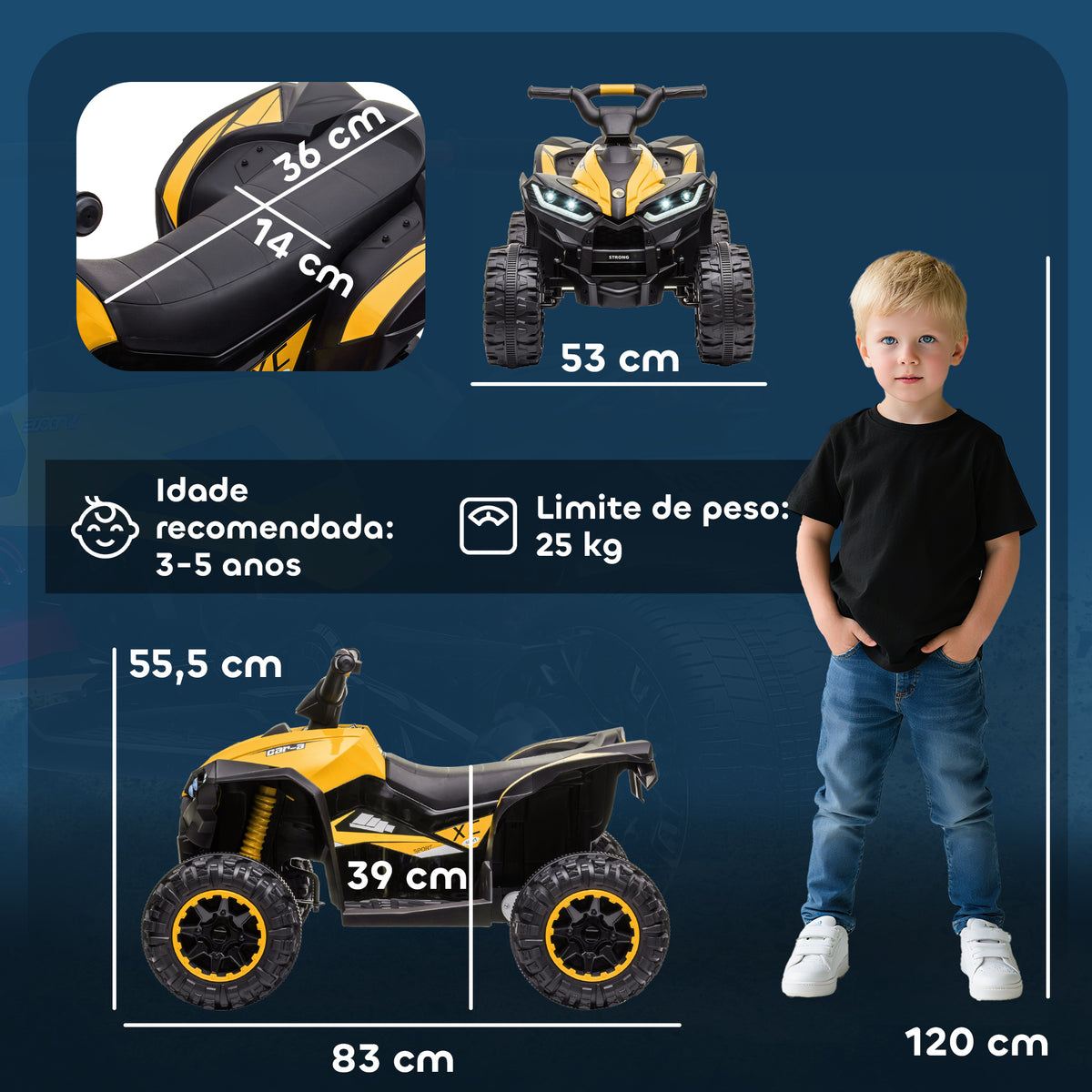 Quadriciclo Elétrico para Crianças de 3-5 Anos Veículo Eléctrico a Bateria 12V com 2 Motores Farol Música Velocidade Ajustável Avançar e Retroceder 83x53x55, 5cm Amarelo — foto 3