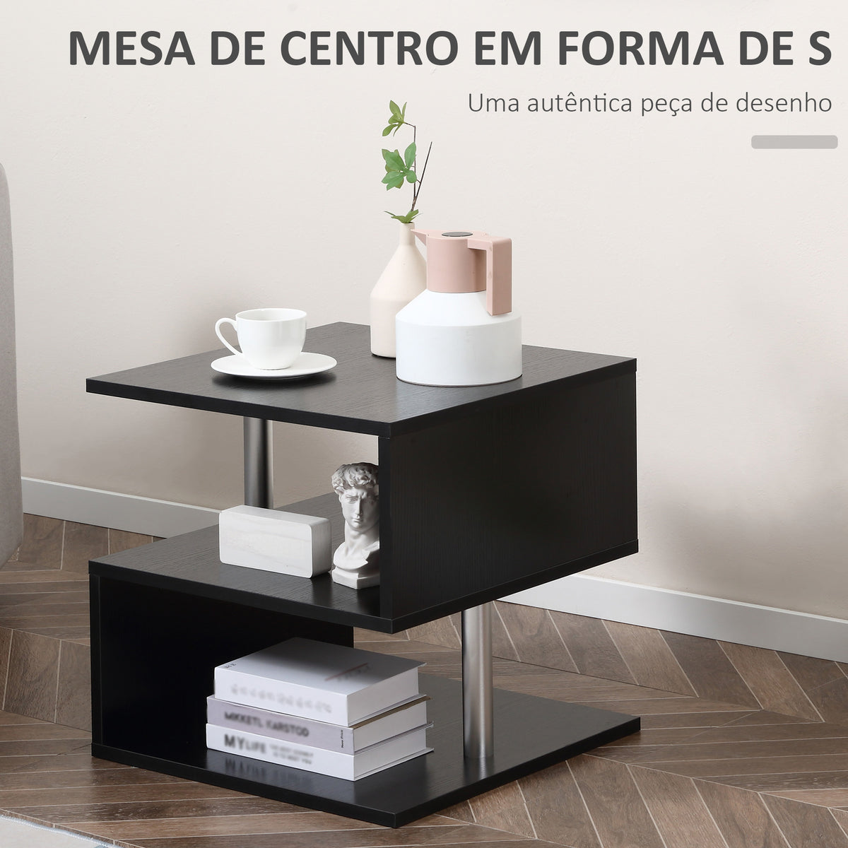 Mesa de Apoio de 3 Níveis Mesa Auxiliar Moderna com Forma de S Prateleiras Abertas e Estrutura de Metal para Sala Quarto 50x50x50 cm Preto Brilhante — foto 4