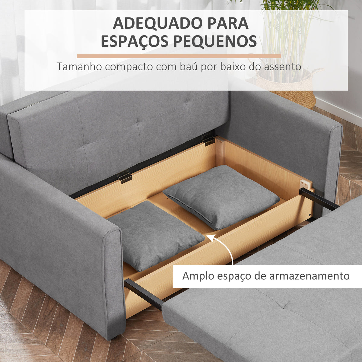 Sofá Cama de 2 Lugares Estofado em Algodão com 2 Almofadas Apoio para os Braços e Armazenamento Sofá Duplo Moderno para Sala de Estar Escritório 152x101x81cm Cinza — foto 5